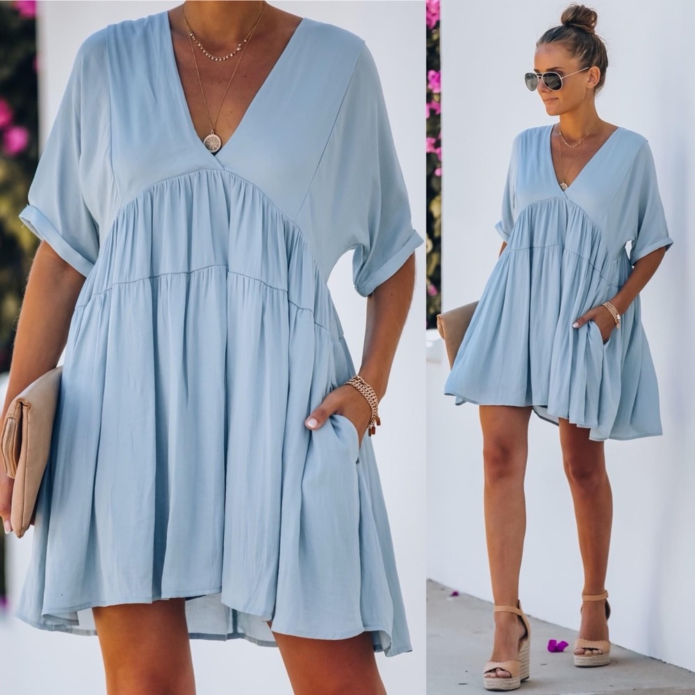 Vici Light Blue V-Neck Mini Dress